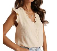 Women's Sleeveless V Neck Blouse with Scalloped Edge, Cream Textured Button Down Tank Top, Summer Casual Ruffle Shoulder Shirt for Work Daily