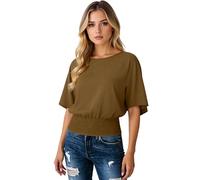Women's Solid Black Casual Loose Fit Batwing Sleeve Smocked Waist Round Neck Short Sleeve T-Shirt Top Blouse Summer Comfortable Soft Fabric