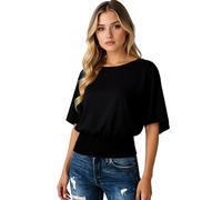 Women's Solid Black Casual Loose Fit Batwing Sleeve Smocked Waist Round Neck Short Sleeve T-Shirt Top Blouse Summer Comfortable Soft Fabric