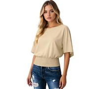 Women's Solid Black Casual Loose Fit Batwing Sleeve Smocked Waist Round Neck Short Sleeve T-Shirt Top Blouse Summer Comfortable Soft Fabric