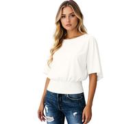 Women's Solid Black Casual Loose Fit Batwing Sleeve Smocked Waist Round Neck Short Sleeve T-Shirt Top Blouse Summer Comfortable Soft Fabric