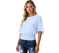 Women's Solid Black Casual Loose Fit Batwing Sleeve Smocked Waist Round Neck Short Sleeve T-Shirt Top Blouse Summer Comfortable Soft Fabric