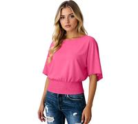 Women's Solid Black Casual Loose Fit Batwing Sleeve Smocked Waist Round Neck Short Sleeve T-Shirt Top Blouse Summer Comfortable Soft Fabric