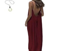 Women's Solid Color Backless Cami Dress, 2026 New Women's Solid Color Backless Cami Dress, Womens Summer Casual Sleeveless (Deep Red,M)