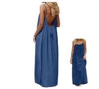 Women's Solid Color Backless Cami Dress,Adjustable Sleeveless Spaghetti Strap Flowy Maxi Sundress Tie Back Beach Vacation Outfit (Dark Blue,S)