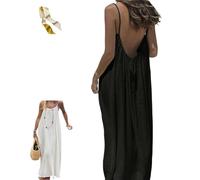 Women's Solid Color Backless Cami Dress,Casual Sleeveless Open Back Dress,Summer Beach Maxi Dresses Sundresses with Back Tie (FR/ES, Letras, S, Regular, Regular, Black)