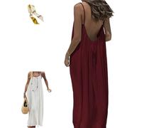 Women's Solid Color Backless Cami Dress,Casual Sleeveless Open Back Dress,Summer Beach Maxi Dresses Sundresses with Back Tie (FR/ES, Letras, L, Regular, Regular, Burgundy)