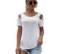 Women's Solid Color Cold Shoulder Short Sleeve T Shirts Crew Neck Tops Sexy Loose Tunics Tops Blouse