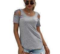 Women's Solid Color Cold Shoulder Short Sleeve T Shirts Crew Neck Tops Sexy Loose Tunics Tops Blouse