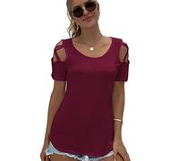 Women's Solid Color Cold Shoulder Short Sleeve T Shirts Crew Neck Tops Sexy Loose Tunics Tops Blouse