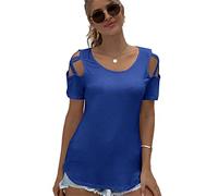 Women's Solid Color Cold Shoulder Short Sleeve T Shirts Crew Neck Tops Sexy Loose Tunics Tops Blouse
