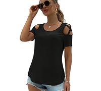 Women's Solid Color Cold Shoulder Short Sleeve T Shirts Crew Neck Tops Sexy Loose Tunics Tops Blouse