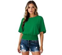 Women's Solid Color Loose Fit Short Sleeve Smocked Waist Tunic Top Casual Boat Neck Blouse Summer Beach Vacation Shirt Elegant Lightweight Blouse