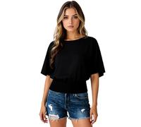 Women's Solid Color Loose Fit Short Sleeve Smocked Waist Tunic Top Casual Boat Neck Blouse Summer Beach Vacation Shirt Elegant Lightweight Blouse