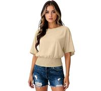 Women's Solid Color Loose Fit Short Sleeve Smocked Waist Tunic Top Casual Boat Neck Blouse Summer Beach Vacation Shirt Elegant Lightweight Blouse