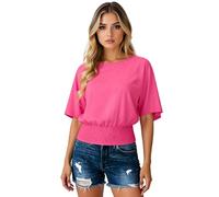 Women's Solid Color Loose Fit Short Sleeve Smocked Waist Tunic Top Casual Boat Neck Blouse Summer Beach Vacation Shirt Elegant Lightweight Blouse