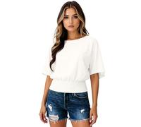 Women's Solid Color Loose Fit Short Sleeve Smocked Waist Tunic Top Casual Boat Neck Blouse Summer Beach Vacation Shirt Elegant Lightweight Blouse