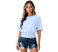 Women's Solid Color Loose Fit Short Sleeve Smocked Waist Tunic Top Casual Boat Neck Blouse Summer Beach Vacation Shirt Elegant Lightweight Blouse