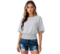 Women's Solid Color Loose Fit Short Sleeve Smocked Waist Tunic Top Casual Boat Neck Blouse Summer Beach Vacation Shirt Elegant Lightweight Blouse