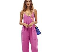 Women's Solid Color Plus Size Wide Leg Zipper Patch Pocket Suspender Jumpsuit Casual Loose Fit Sleeveless Romper Overalls for Summer Daily Wear