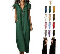 Women's Solid Color Ruffled Casual Fashion Cozy Cotton Linen Dress,Sleeveless V-Neck Ruffle Summer Maxi Dress with Pockets (FR/ES, Letras, XXL, Regular, Regular, Green)