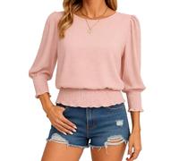 Women's Solid Color Smocked Long Sleeve Blouse Puff Sleeve Round Neck Loose Fit Casual Top Spring Fall Fashion Shirt for Ladies Daily Work Wear