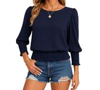 Women's Solid Color Smocked Long Sleeve Blouse Puff Sleeve Round Neck Loose Fit Casual Top Spring Fall Fashion Shirt for Ladies Daily Work Wear