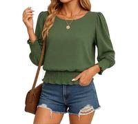 Women's Solid Color Smocked Long Sleeve Blouse Puff Sleeve Round Neck Loose Fit Casual Top Spring Fall Fashion Shirt for Ladies Daily Work Wear