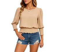 Women's Solid Color Smocked Long Sleeve Blouse Puff Sleeve Round Neck Loose Fit Casual Top Spring Fall Fashion Shirt for Ladies Daily Work Wear