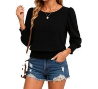 Women's Solid Color Smocked Long Sleeve Blouse Puff Sleeve Round Neck Loose Fit Casual Top Spring Fall Fashion Shirt for Ladies Daily Work Wear