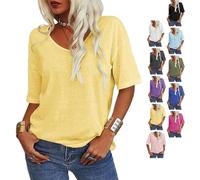 Women's Solid Color V-Neck T-Shirt,2025 New Casual Loose Fit Pullover Top,Summer Half Sleeve Loose Fit Shirts (Yellow,XL)