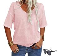 Women's Solid Color V Neck T Shirt,Oversized 3/4 Sleeve Loose Fitting Shirts,Summer Fashion Casual Basic Tops
