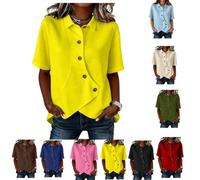 Women's Solid Cotton Linen Asymmetrical Diagonal-Button-Shirt,Summer Irregular Hem Blouse Short Sleeve Casual Top