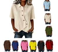 Women's Solid Cotton Linen Asymmetrical Diagonal-Button-Shirt,Summer Irregular Hem Blouse Short Sleeve Casual Top