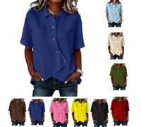 Women's Solid Cotton Linen Asymmetrical Diagonal-Button-Shirt,Summer Irregular Hem Blouse Short Sleeve Casual Top