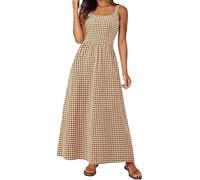 Women's Spaghetti Strap Retro Square Neck Plaid Pleated Extra Long Dress Sleeveless A-Line Boho Checkered Dress (Brown,S)