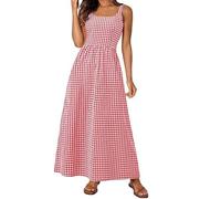 Women's Spaghetti Strap Retro Square Neck Plaid Pleated Extra Long Dress Sleeveless A-Line Boho Checkered Dress (Red,M)