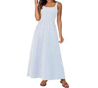 Women's Spaghetti Strap Retro Square Neck Plaid Pleated Extra Long Dress Sleeveless A-Line Boho Checkered Dress (Light Blue,L)