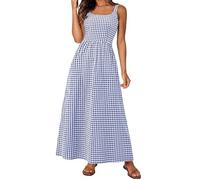 Women's Spaghetti Strap Retro Square Neck Plaid Pleated Extra Long Dress Sleeveless A-Line Boho Checkered Dress (Blue,XL)