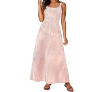 Women's Spaghetti Strap Retro Square Neck Plaid Pleated Extra Long Dress Sleeveless A-Line Boho Checkered Dress (Pink,L)