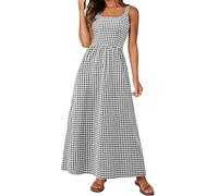 Women's Spaghetti Strap Retro Square Neck Plaid Pleated Extra Long Dress Sleeveless A-Line Boho Checkered Dress (Black,L)