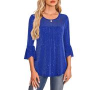 Women's Sparkly 3/4 Sleeve Top Ruffle Cuff Round Neck Glitter Mesh Blouse Casual Party Shirt Loose Fit Summer tee for Women Royal Blue