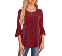 Women's Sparkly 3/4 Sleeve Top Ruffle Cuff Round Neck Glitter Mesh Blouse Casual Party Shirt Loose Fit Summer tee for Women Royal Blue