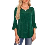 Women's Sparkly 3/4 Sleeve Top Ruffle Cuff Round Neck Glitter Mesh Blouse Casual Party Shirt Loose Fit Summer tee for Women Royal Blue