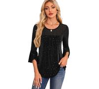 Women's Sparkly 3/4 Sleeve Top Ruffle Cuff Round Neck Glitter Mesh Blouse Casual Party Shirt Loose Fit Summer tee for Women Royal Blue