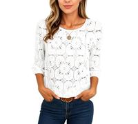 Women's Spring Summer Casual Floral Eyelet Lace Top 3/4 Puff Sleeve Round Neck Hollow out Blouse Loose Fit Boho Shirt for Daily Wear