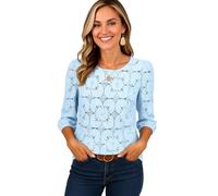 Women's Spring Summer Casual Floral Eyelet Lace Top 3/4 Puff Sleeve Round Neck Hollow out Blouse Loose Fit Boho Shirt for Daily Wear