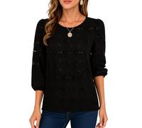 Women's Spring Summer Casual Floral Eyelet Lace Top 3/4 Puff Sleeve Round Neck Hollow out Blouse Loose Fit Boho Shirt for Daily Wear
