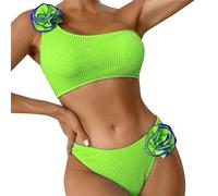 Women's Spring/Summer Solid Color Breast Top Flower Decorated Two Piece Swimsuit 3D Bikini Set Bikini Caballito, Verde, M