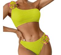 Women's Spring/Summer Solid Color Breast Top Flower Decorated Two Piece Swimsuit 3D Bikini Set Bikini Caballito, amarillo, S